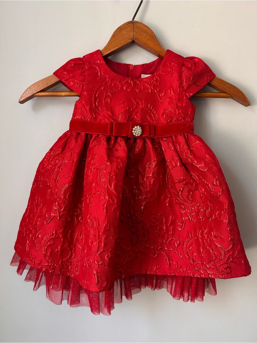 Rare Editions Baby Girls Red Brocade Puff Sleeve Holiday Party Dress 6-9M